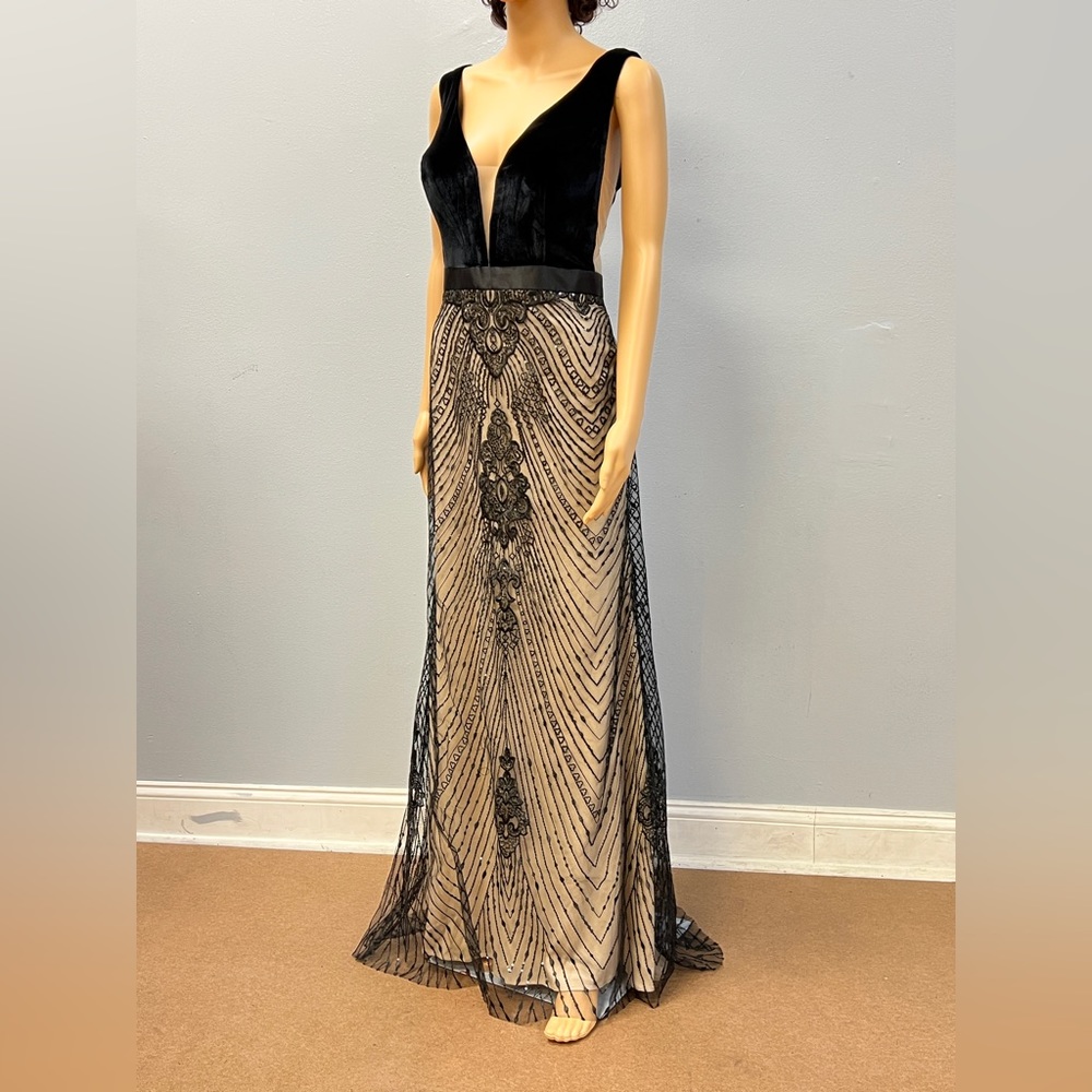 Women’s Black Double V-Neck Lace Sequins Mermaid Evening Dress Open Box